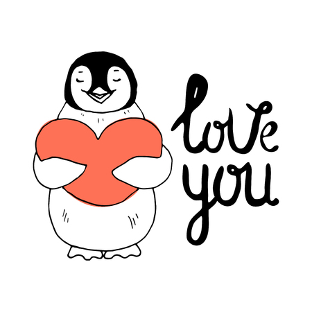 Vector illustration on the theme of Valentine's Day with heart,   lettering and cute penguin  in coral and black colors on a white background. Great for gift tags and greeting cardsのイラスト素材