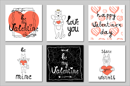 Set of 6 vector illustrations on the theme of Valentine's Day with hearts, cute animals and lettering in coral and black colors on a white background. Great for gift tags and greeting cardsのイラスト素材