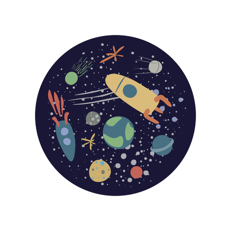 Vector round illustration on the theme of space, in soft colors, with stars, comet, planets and rockets . Hand drawn, simple flat style.のイラスト素材