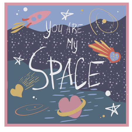 Vector illustration on the theme of space and love, in soft colors, with stars,rocket, planet and lettering. Hand drawn, simple flat style.のイラスト素材