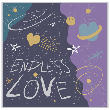Vector illustration on the theme of space and love, in soft colors, with stars, galaxy, planet and lettering. Hand drawn, simple flat style.のイラスト素材