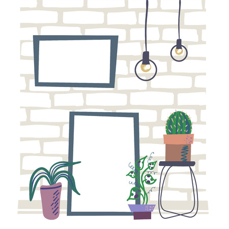 Vector illustration with houseplants against the background of the brick wall, with frames for inscriptions or posters.Trendy minimalist interior, simple flat style in soft colorsのイラスト素材