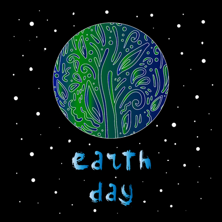 Earth day.Vector illustration,doodle globe and hand drawn lettering on space background, great design for any purposes.のイラスト素材