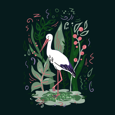 Vector illustration with white stork and plants. Flat, doodle style, on a dark  background.のイラスト素材