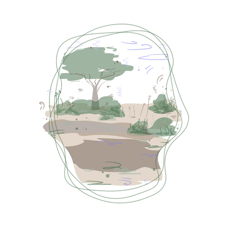Savannah landscape in the frame of the lines. Flat style, colorful vector illustration.のイラスト素材