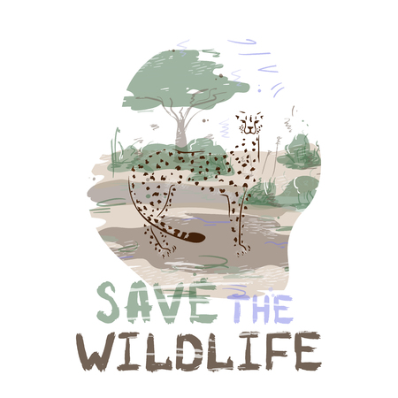 Silhouette of a cheetah in the savannah. Flat style, vector illustration. Lettering. Save the wildlife. Ecology,enviroment protection.のイラスト素材