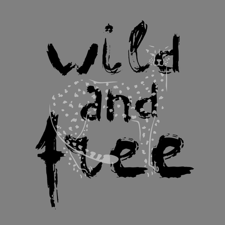 Silhouette of cheetah and grunge lettering on gray background. Wild and free. Vector illustration.のイラスト素材