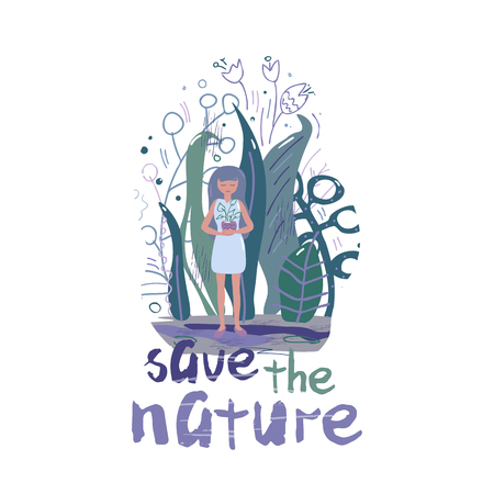 Vector illustration with a girl, in whose hands the plant in a pot, surrounded by fantastic leaves and trees,and lettering. Ecology, gardening, saving nature. Flat, doodle style, on a white background.のイラスト素材