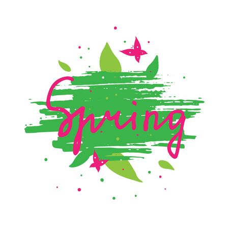 Spring lettering with grunge texture,leaves and butterflies. Template for greeting card, banner, poster, etc.In pink and green colors on white background. Vector illustration.のイラスト素材