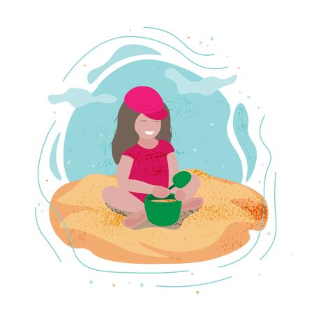 Little smiling girl playing with a bucket and a shovel sitting in the sand near the water. Happy child on the beach. Flat style, isolated on white. Vector illustration.のイラスト素材