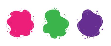 Set of abstract background flat geometric shapes in green, purple, magenta colors with lines and dots. Template for web, banner, flyer, cover, and other design. Isolated on white. Vector.のイラスト素材
