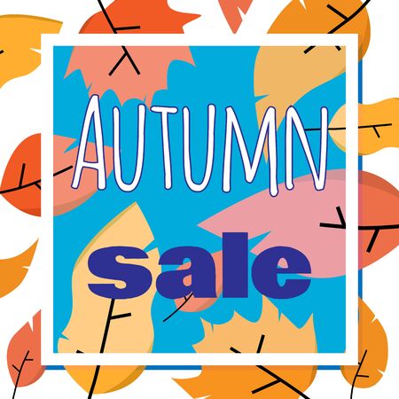 Autumn sale concept with yellow and red leaves in square shape. Vector illustration for advertisement, banner, printing. Isolated on white.のイラスト素材