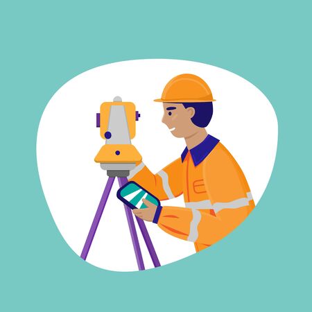 Surveyor working with theodolite outdoor. Engineer with surveyor equipment. Smiling worker cartoon flat character. Vector illustration isolated on white with blue background.のイラスト素材