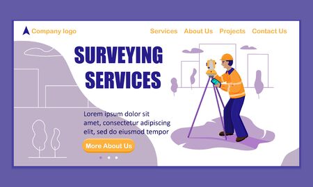 Surveying services landing page template.Surveyor working with theodolite outdoor on the background trees and city. Smiling worker cartoon flat character. Vector illustration.のイラスト素材