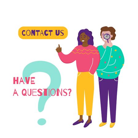 Young black woman point a finger on banner with text Contact us in speech bubble. Man with magnifier standing near girl. Have a questions concept with text and people on white background. Vectorのイラスト素材