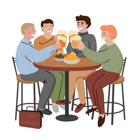 People sitting at the table in a bar and drinking beer and eating snacks. Colleagues talking and smiling in a cafe. Friends having fun together in a pub. Cartoon flat characters on white.の販売画像