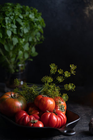 red and green delicious tomatoes on a dark table in a plateの写真素材