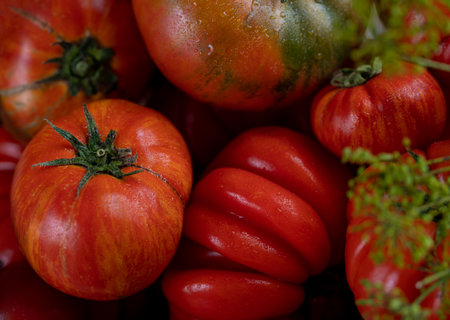 red and green delicious fresh tomatoes, close-upの写真素材