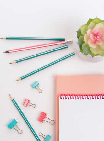 Home office desk table with pencils, notepads and flower on white background. Flat lay. Feminine concepts design.の写真素材