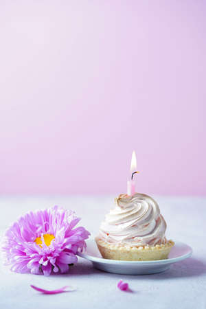 Delicious birthday cupcake with cream and burning candleand and flower next to it in pink tones, for birthday greetings.の写真素材
