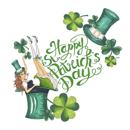 Happy Patrick's Day Illustration Hand-Painted Green Shamrockの写真素材