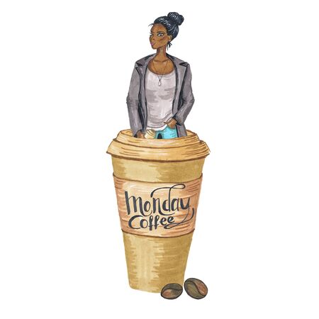 Hand-Painted Fashion Girl Monday Coffee Illustrationの写真素材