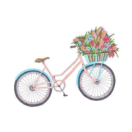Hand-Painted Bycicle Spring Floral Illustrationの写真素材