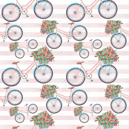 Bycicle Illustration Seamless Pattern Hand-Painted Background Texture Wallpaper Scrapbookの写真素材