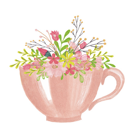 Cup With Flowers Hand-Painted Spring Illustrationの写真素材