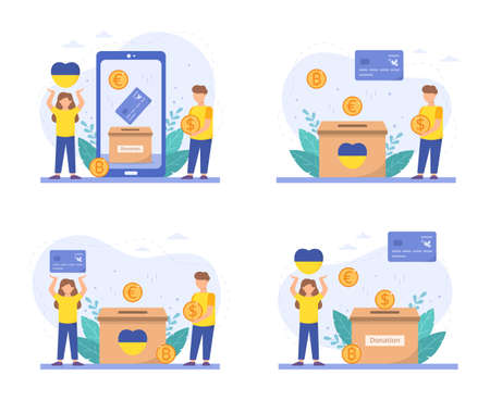 Donations for Ukraine concept. Stop the war in Ukraine. Set of 4 pictures. Vector illustration isolated on a white background.のイラスト素材