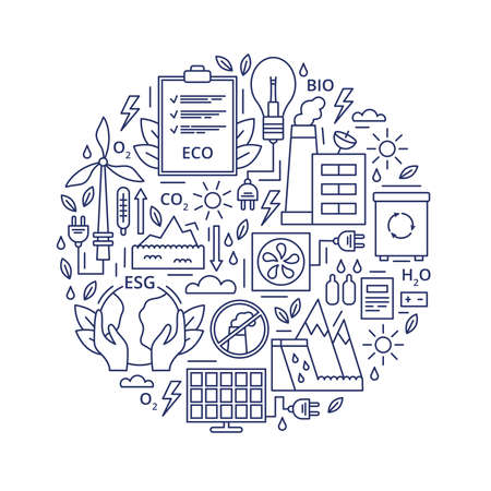 Set of ESG, ECO, BIO icons. ESG environmental criteria, icons placed in the form of a circle. Vector illustration isolated on white background.のイラスト素材