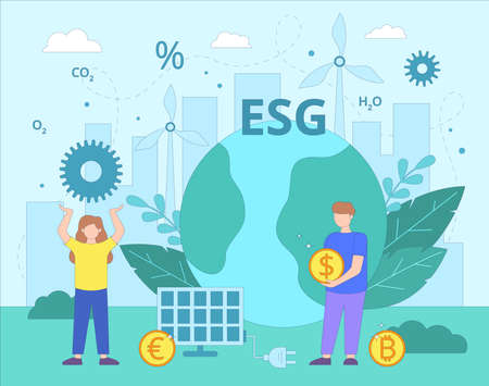 ESG environmental business concept. Concern for the ecological state of the planet. Renewable energy, sustainable industry with wind turbines and solar panels. Conservation of resources. Modern flat vector illustrationのイラスト素材