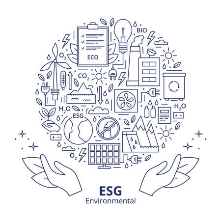 Set of ESG, ECO, BIO icons. ESG environmental criteria, icons arranged in a circle shape with a header at the bottom. Template. Vector illustration isolated on a white background.のイラスト素材