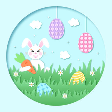 Easter card paper cut out concept. Easter Egg Hunt. White rabbit with a carrot on a green lawn. Brightly Easter eggs in the grass and on strings. Template for invitation, banner or card. Illustration.の写真素材