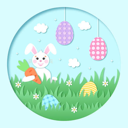 Easter card paper cut out concept. Easter Egg Hunt. White rabbit with a carrot on a green lawn. Brightly Easter eggs in the grass and on strings. Template for invitation, banner, or card. Vector illustration.のイラスト素材