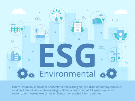 ESG environmental business concept. Template for presentation. Banner. Header in the center with icons around it. Renewable energy. Modern flat vector illustration.のイラスト素材