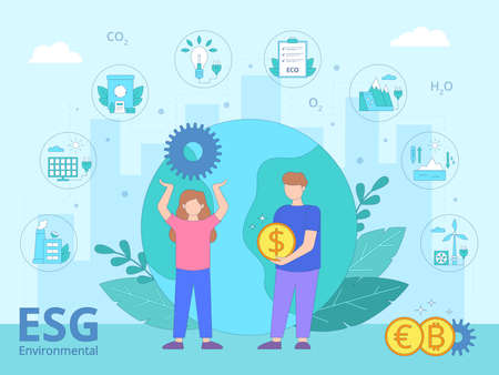 ESG environmental business concept. Planet Earth with icons arranged around it. Renewable energy. Modern flat vector illustration.のイラスト素材