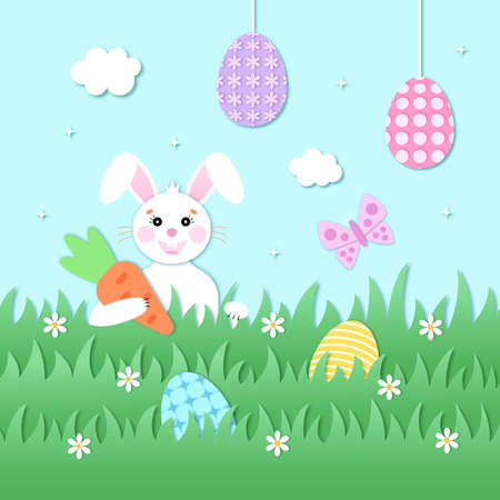 Easter card paper cut out concept. Easter Egg Hunt. White rabbit with a carrot on a green lawn. Brightly Easter eggs in the grass and on strings. Template. Vector illustration.のイラスト素材