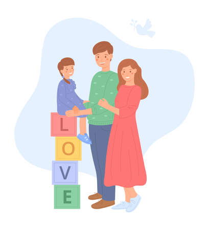 Young family kid together, flat style. Happy parents standing next to their little daughter, who is sitting on cubbies. Family values. Peace. Cute vector illustration, isolated on white background.のイラスト素材
