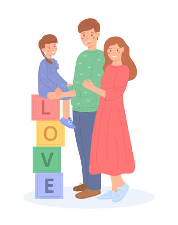 Young family kid together, flat style. Happy parents standing next to their little daughter, who is sitting on cubbies. Family values. Peace. Cute illustration, isolated on white background.の写真素材
