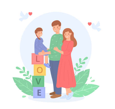 Young family kid together, flat style. Happy parents standing next to their little daughter, who is sitting on cubbies. Family values. Peace. Cute vector illustration, isolated on white background.のイラスト素材