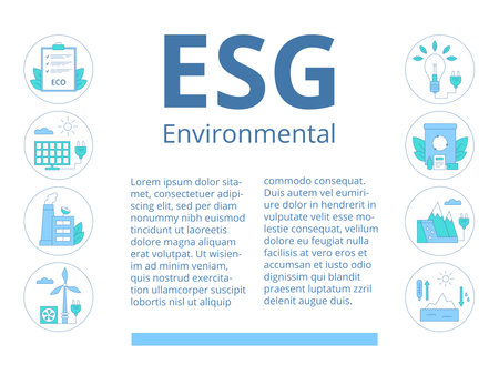 ESG environmental business concept. Template for presentation. Banner. Header with text in the center, icons to the left and right of it. Renewable energy. Modern vector illustration.のイラスト素材