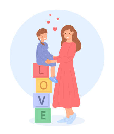 Young mom kid together, flat style. Happy mother standing next to his young daughter, who is sitting on cubbies. Family values. Cute vector illustration, isolated on white background.のイラスト素材