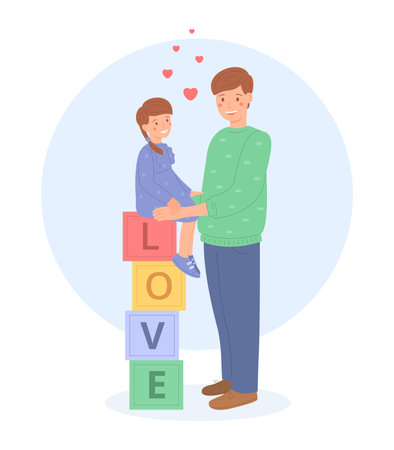 Young dad child together, flat style. Happy father standing next to his young daughter, who is sitting on cubbies. Family values. Cute vector illustration, isolated on white background.のイラスト素材