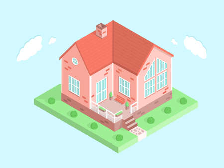 3d concept of a private home. Cute family house in isometric view. Beautiful vector illustration.のイラスト素材