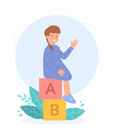 Cute little girl, childrens concept. Little girl sitting on cubes and waving happily. Cute vector illustration, isolated on white background.のイラスト素材