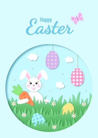 Easter card paper cut out concept. Easter Egg Hunt. White rabbit with a carrot on a green lawn. Brightly Easter eggs in the grass and on strings. A greeting card. Vector illustration.のイラスト素材