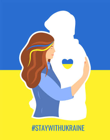 Support for Ukraine concept. Stay with Ukraine. Stop the war in Ukraine. A young woman hugging the shape of a man who has gone to war, expressing hope and love. Cute vector illustration in a flat styleのイラスト素材