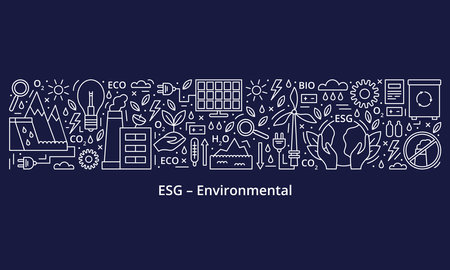 Set of ESG, ECO, BIO icons. ESG environmental criteria, the icons are at the top of the banner, the header is at the bottom. Banner. Template. Vector illustration isolated on dark background.のイラスト素材