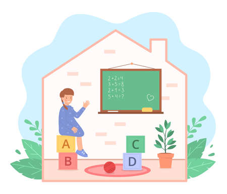 Kids girl home study, flat style. The little girl sits on the cubes and solves examples on the board. Learning. Cute vector illustration isolated on white background.のイラスト素材